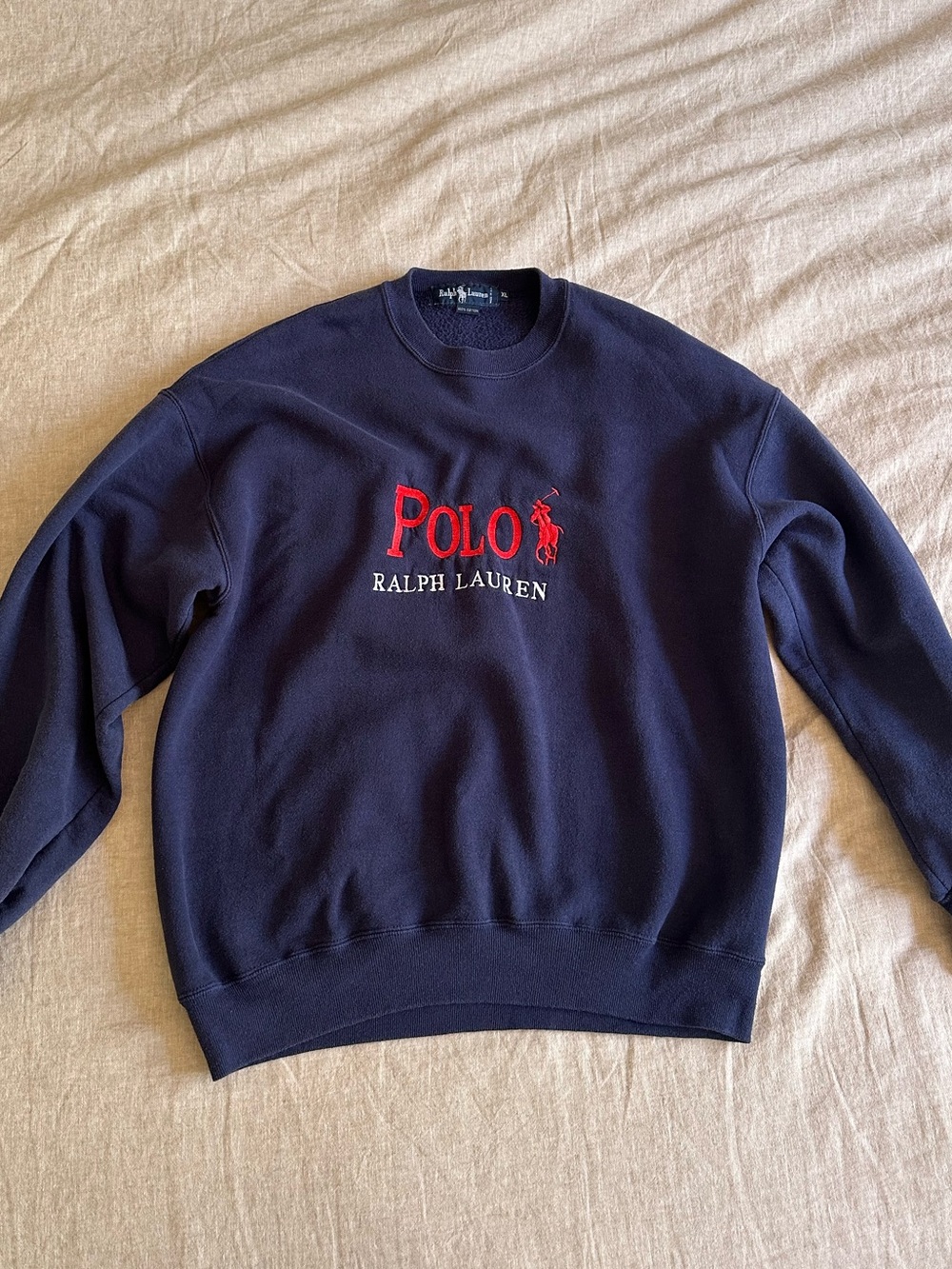 Vintage Polo Ralph Lauren Spellout Embroidered Crewneck Sweatshirt XL Navy